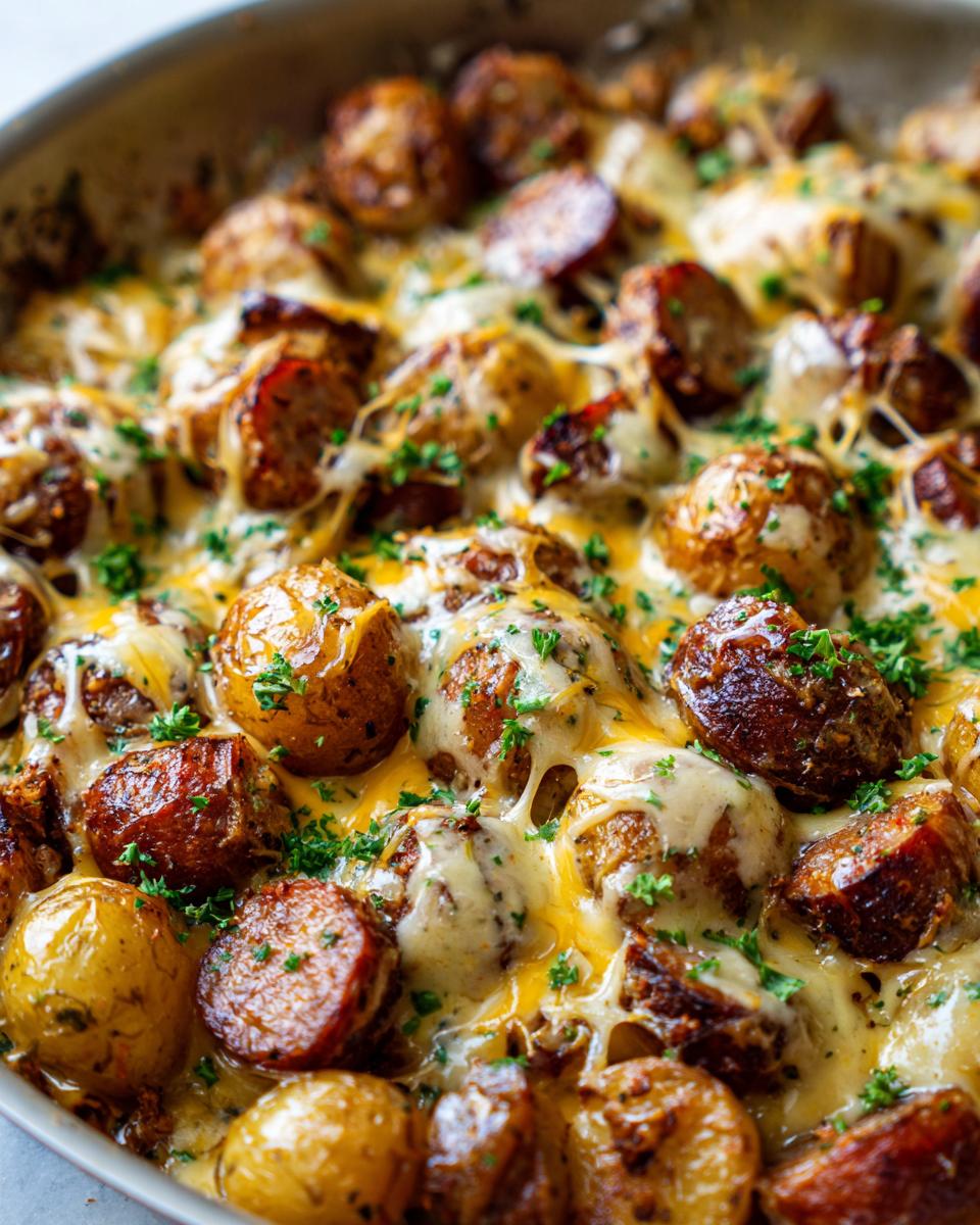 Hearty Cheesy Ranch Potatoes and Sausage Skillet 4 Close-up of a Cheesy Ranch Potatoes and Sausage Skillet, showing melted cheese, roasted potatoes, and sausage slices topped with parsley.