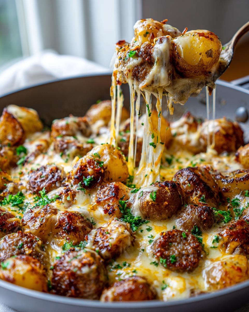 Hearty Cheesy Ranch Potatoes and Sausage Skillet 5 A spoonful lifting cheesy ranch potatoes and sausage skillet, with melted cheese stretching.