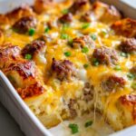 A close-up view of a bubbly Cheesy Ranch Sausage Potato Casserole in a white baking dish, topped with melted cheese and green onions.
