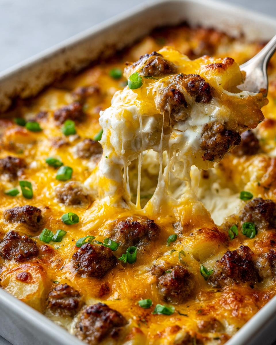 A fork lifting a cheesy, gooey portion of Cheesy Ranch Sausage Potato Casserole, showing melted cheese and sausage.