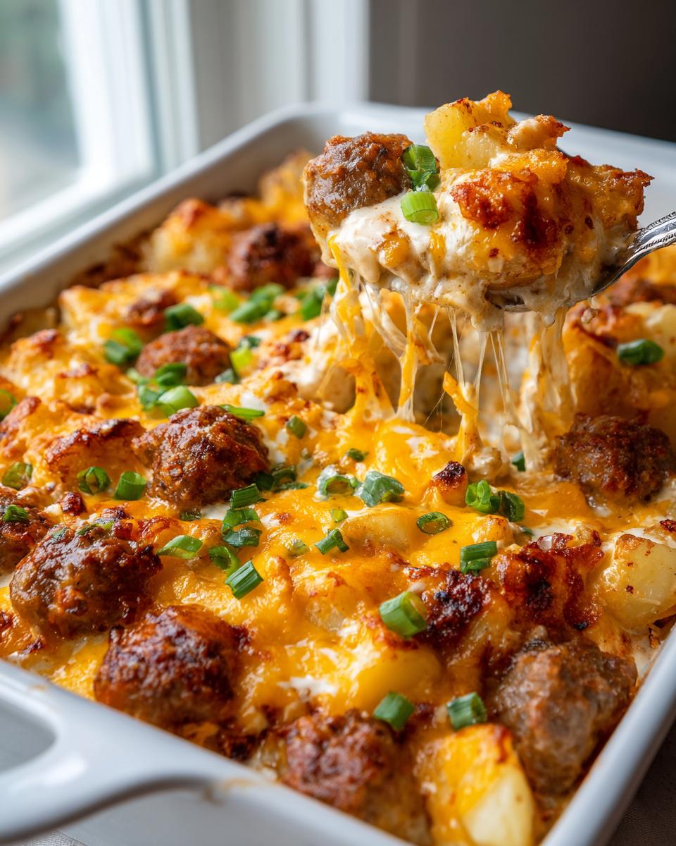 A spoonful lifting a cheesy portion of Cheesy Ranch Sausage Potato Casserole, showing melted cheese strings.