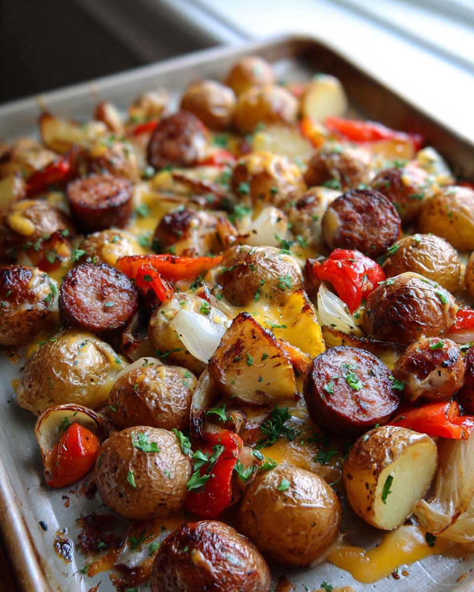 Close-up of a Cheesy Sausage and Potato One Pan Dinner, featuring roasted potatoes, sausage slices, and melted cheese.