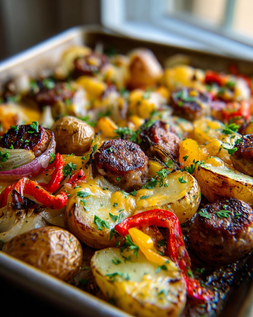 Close-up of a Cheesy Sausage and Potato One Pan Dinner, featuring roasted potatoes, sausage slices, bell peppers, and melted cheese.