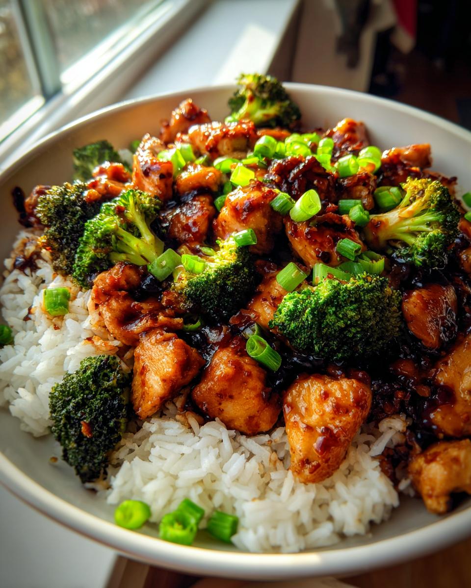 A close-up of a bowl of chicken and broccoli stir fry served over white rice, garnished with chopped green onions.