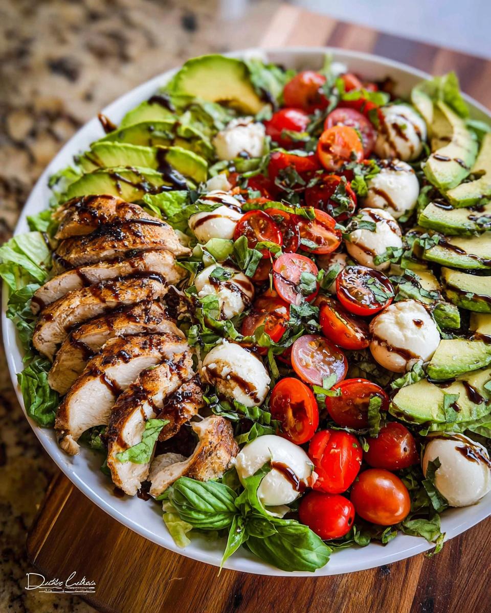A vibrant Chicken Avocado Caprese Salad with fresh mozzarella, cherry tomatoes, avocado slices, grilled chicken, and basil, drizzled with balsamic glaze.