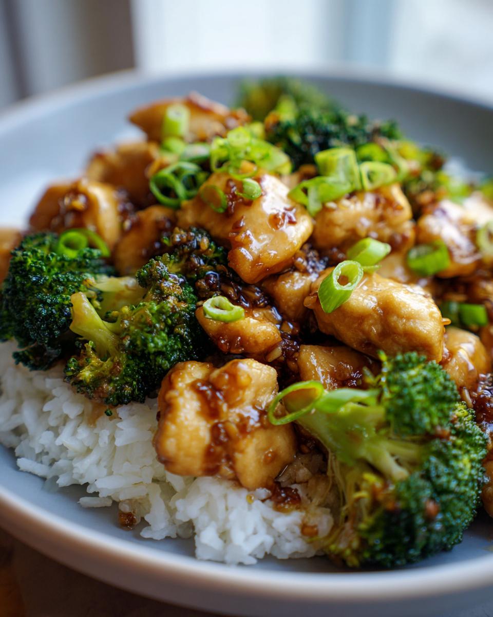 Close-up of a bowl of Chicken and Broccoli Stir Fry served over white rice, garnished with green onions.