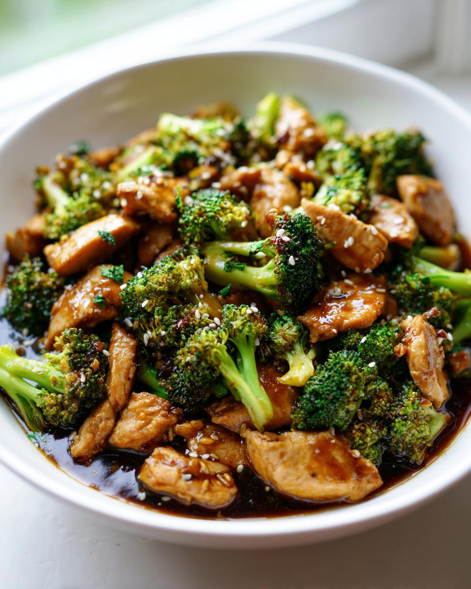 Close-up of Chicken Broccoli Stir Fry with Garlic Sauce in a white bowl, garnished with sesame seeds.