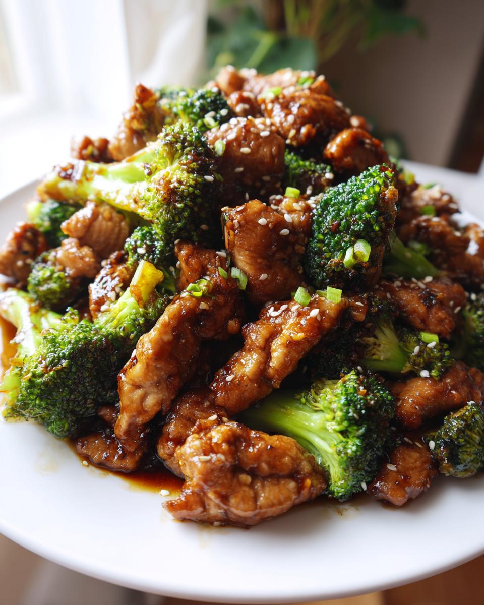 A close-up of a plate piled high with Chicken Broccoli Stir Fry coated in a glossy garlic sauce and sprinkled with sesame seeds.