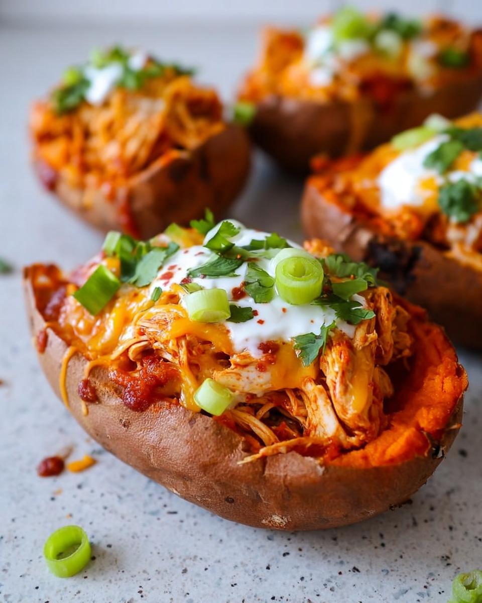 Easy Chicken Enchilada Sweet Potatoes 5 Close-up of a Chicken Enchilada Stuffed Sweet Potato topped with cheese, sour cream, and green onions.