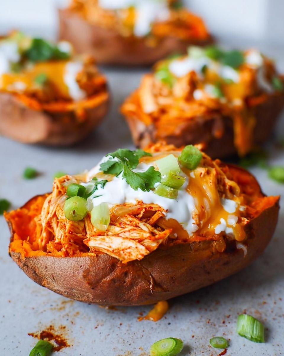 Close-up of a Chicken Enchilada Stuffed Sweet Potato topped with sour cream, cheese, and green onions.