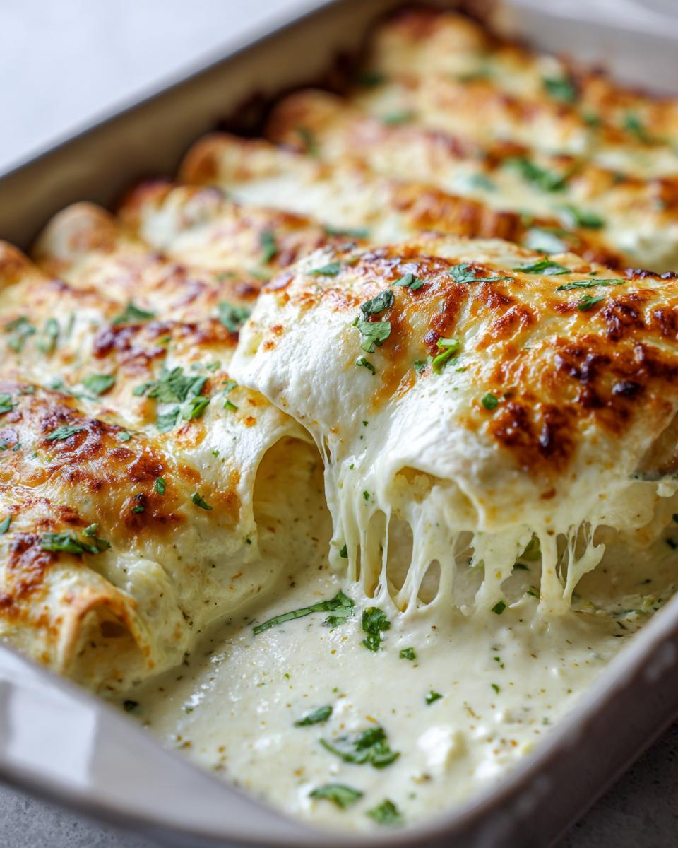 Close-up of cheesy Chicken Enchiladas with Sour Cream White Sauce, with melted cheese stretching.