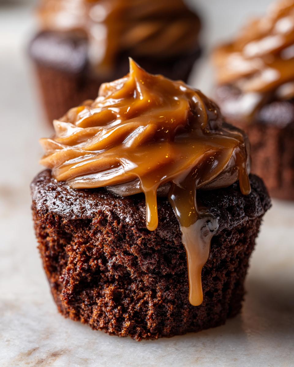 Perfect Chocolate Caramel Cupcakes: Rich & Gooey 4 Close-up of a decadent Chocolate Caramel Cupcake with swirls of caramel frosting and a rich caramel drizzle.