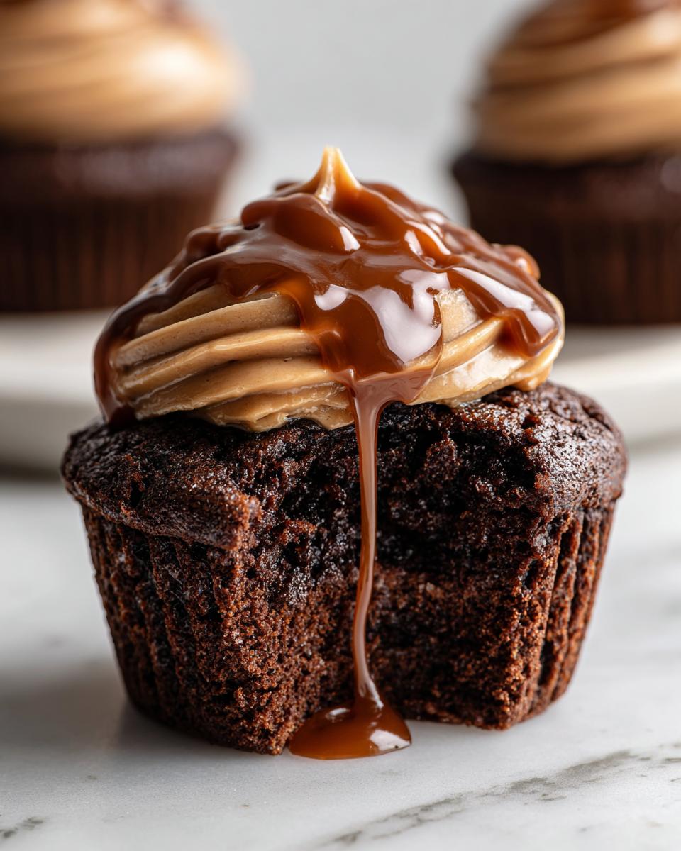 Perfect Chocolate Caramel Cupcakes: Rich & Gooey 5 Close-up of a decadent Chocolate Caramel Cupcake with caramel sauce dripping down the side.