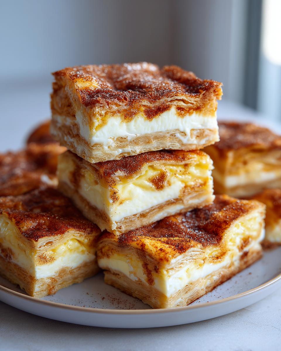 Stacked Churro Cheesecake Bars with a creamy filling and a cinnamon sugar topping.