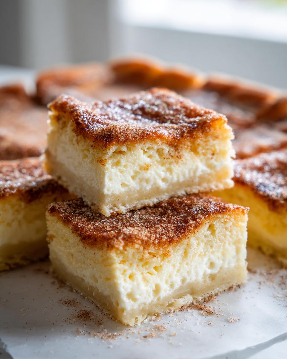 Close-up of stacked Churro Cheesecake Bars, a cinnamon sugar dessert with a creamy cheesecake filling and a cookie crust.