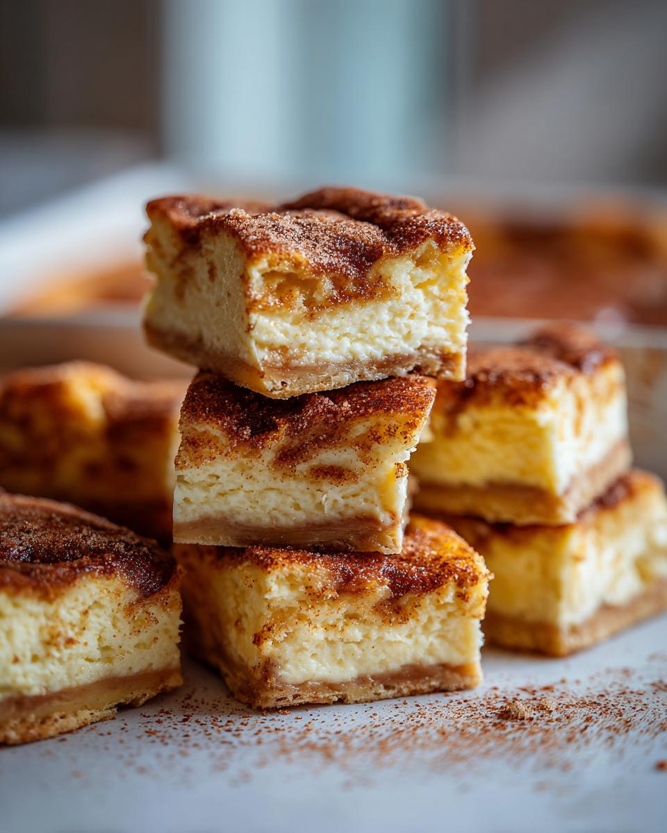 Stack of delicious Churro Cheesecake Bars, topped with cinnamon sugar, a perfect easy cinnamon sugar dessert.