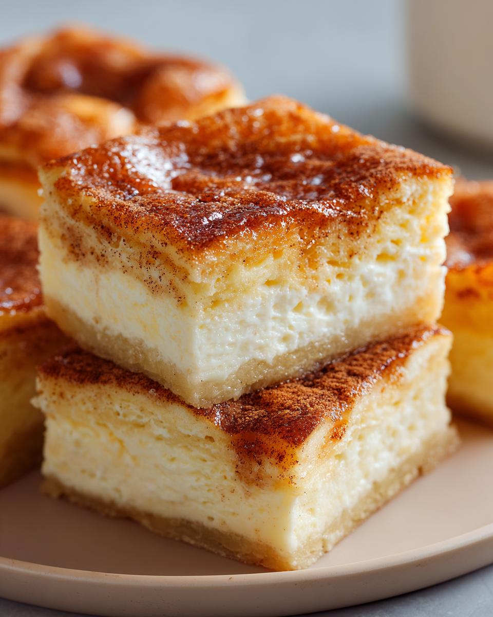 Close-up of stacked Churro Cheesecake Bars, a cinnamon sugar dessert with a creamy cheesecake filling.