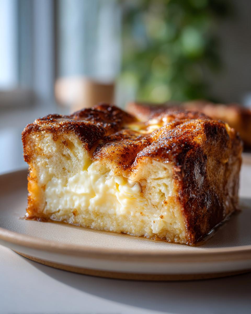 A slice of Churro Cheesecake French Toast Bake on a plate, showcasing creamy cheesecake filling and cinnamon-sugar topping.