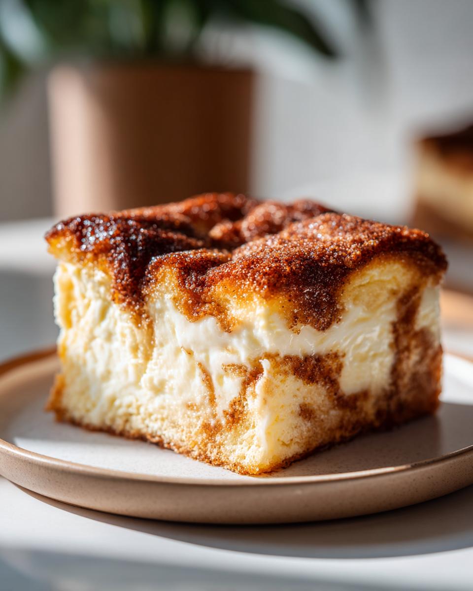 A delicious slice of Churro Cheesecake French Toast Bake on a plate, showcasing layers of creamy cheesecake and cinnamon-sugar topping.