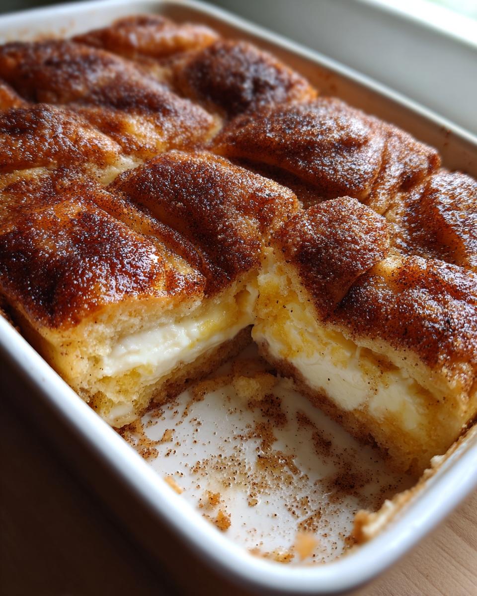 Close-up of baked Churro Cream Cheese Danish Bars in a white baking dish, showing creamy filling and cinnamon sugar topping.
