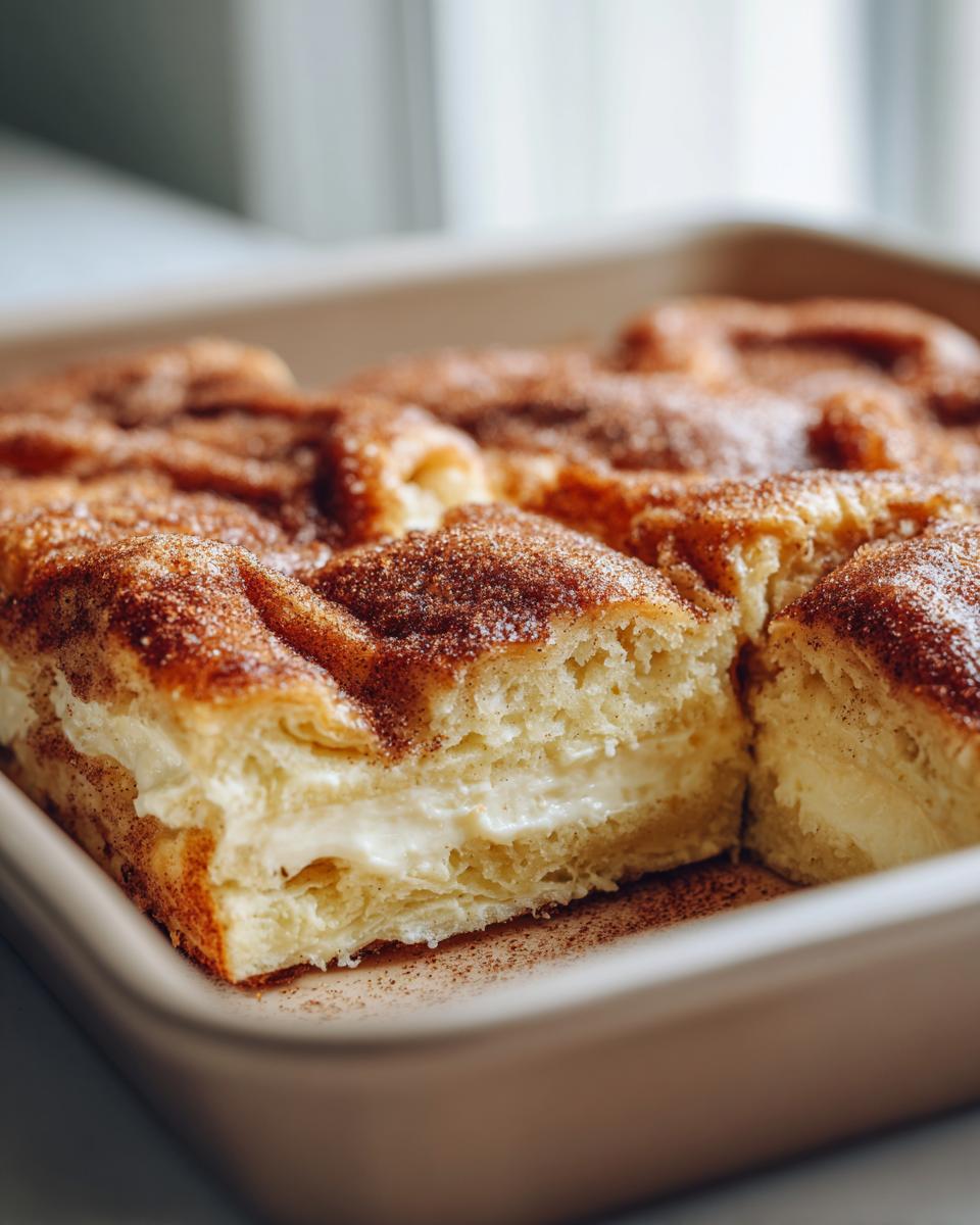 Close-up of Churro Cream Cheese Danish Bars in a baking dish, topped with cinnamon sugar.