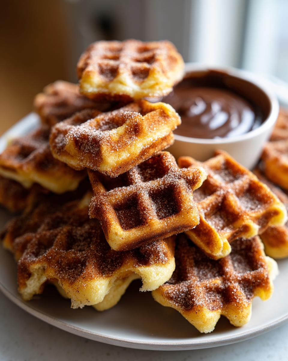 Easy Churro Waffle Bites: 1 Perfect Treat 5 A stack of golden brown churro waffle bites dusted with cinnamon sugar, served with a bowl of chocolate dipping sauce.