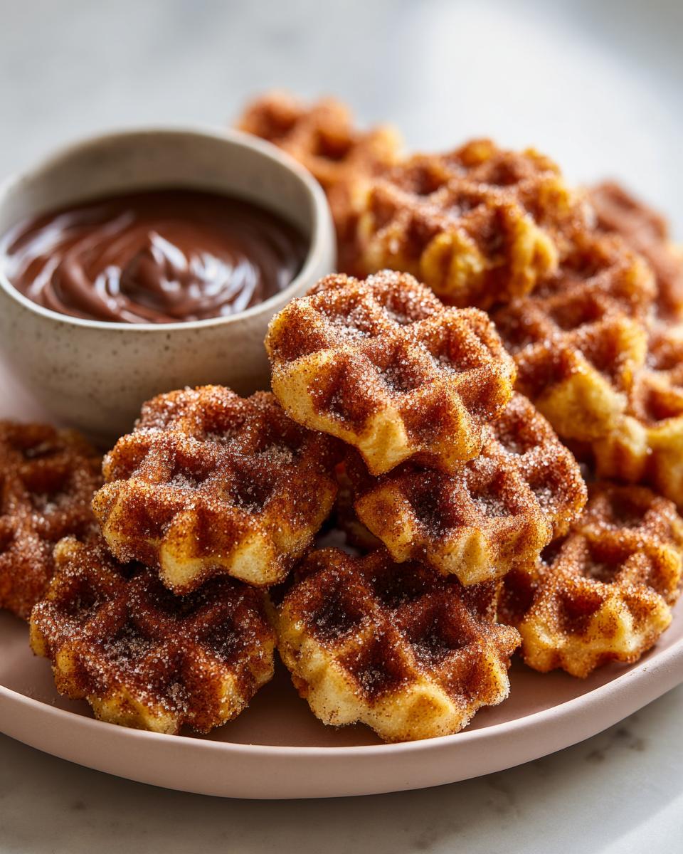 Easy Churro Waffle Bites: 1 Perfect Treat 4 A pile of cinnamon sugar coated churro waffle bites served with a bowl of chocolate dipping sauce.