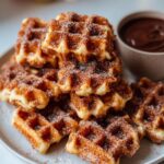 A stack of freshly made Churro Waffle Bites coated in cinnamon sugar, served with a side of chocolate dipping sauce.
