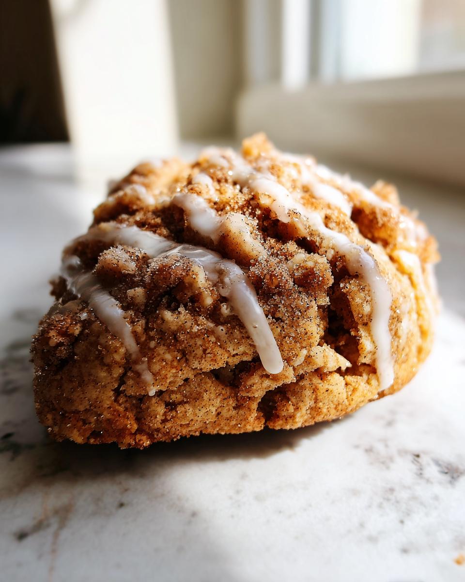 Cozy Gilmore Girls Coffee Cake Cookies: Pure Bliss 4 A close-up of a Cozy Gilmore Girls Coffee Cake Cookie, drizzled with white icing and coated in cinnamon sugar.