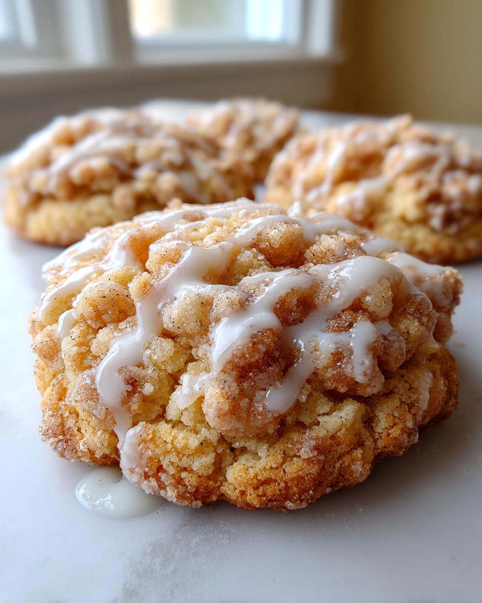 Cozy Gilmore Girls Coffee Cake Cookies: Pure Bliss 5 Close-up of a Cozy Gilmore Girls Coffee Cake Cookie, drizzled with icing and topped with streusel.