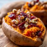 Close-up of a Cranberry Apple Twice Baked Sweet Potato topped with cranberries and walnuts.