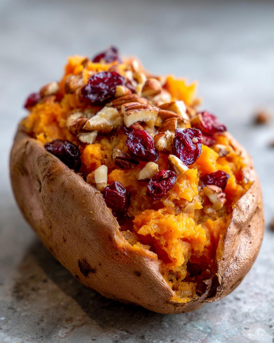 Close-up of a Cranberry Apple Twice Baked Sweet Potato, topped with dried cranberries and chopped pecans.