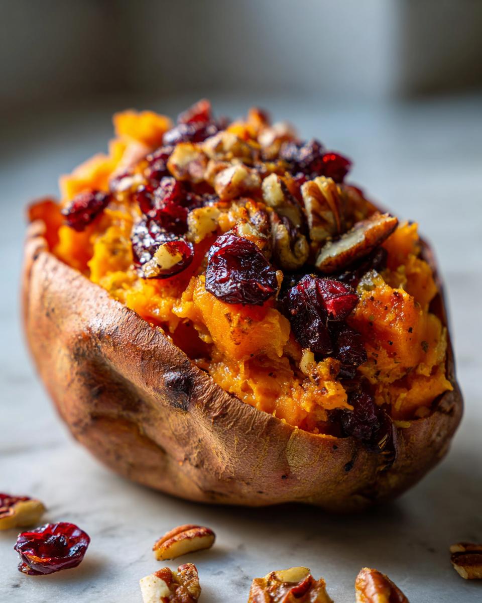 Close-up of a Cranberry Apple Twice Baked Sweet Potato, topped with dried cranberries and pecans.
