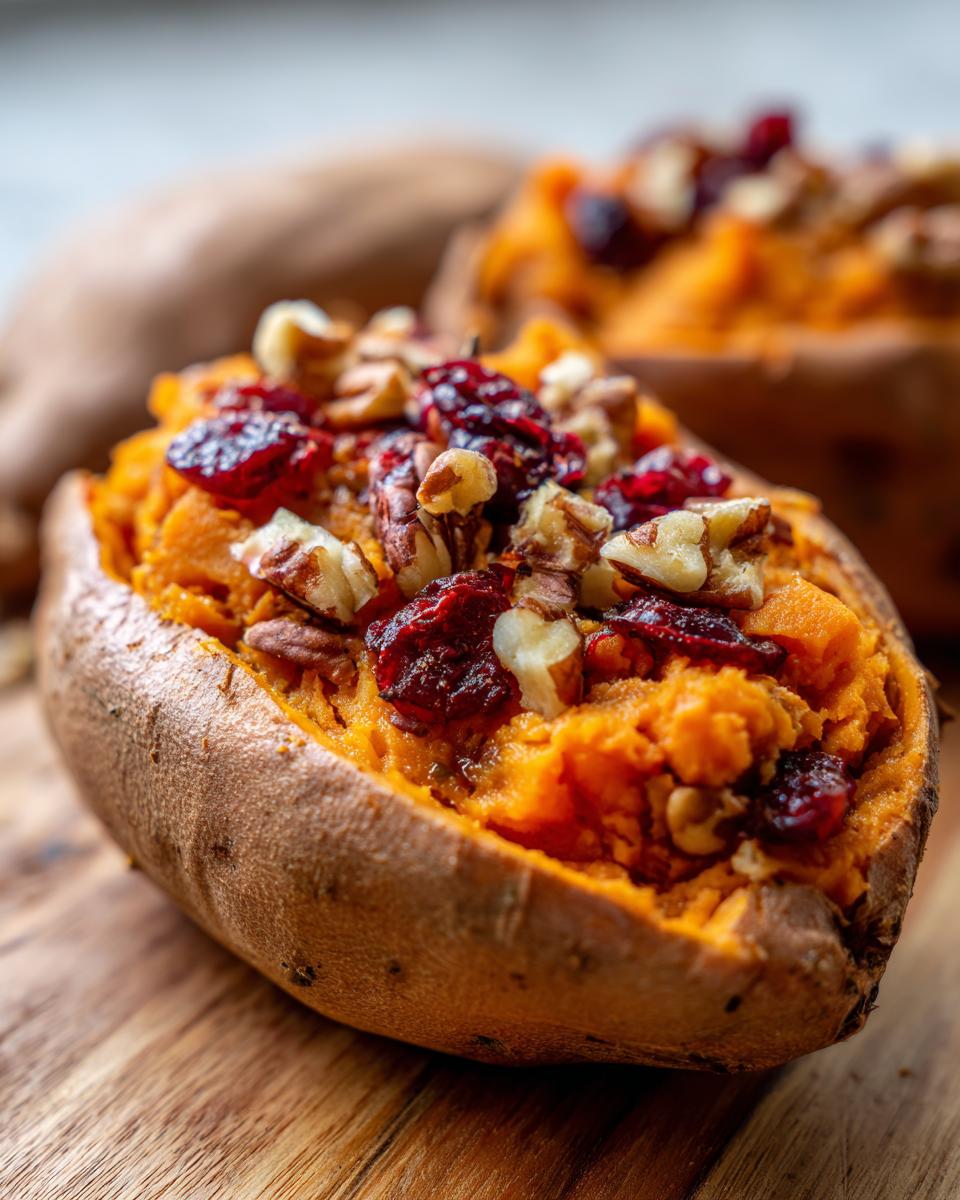 Close-up of a Cranberry Apple Twice Baked Sweet Potato topped with walnuts and dried cranberries.