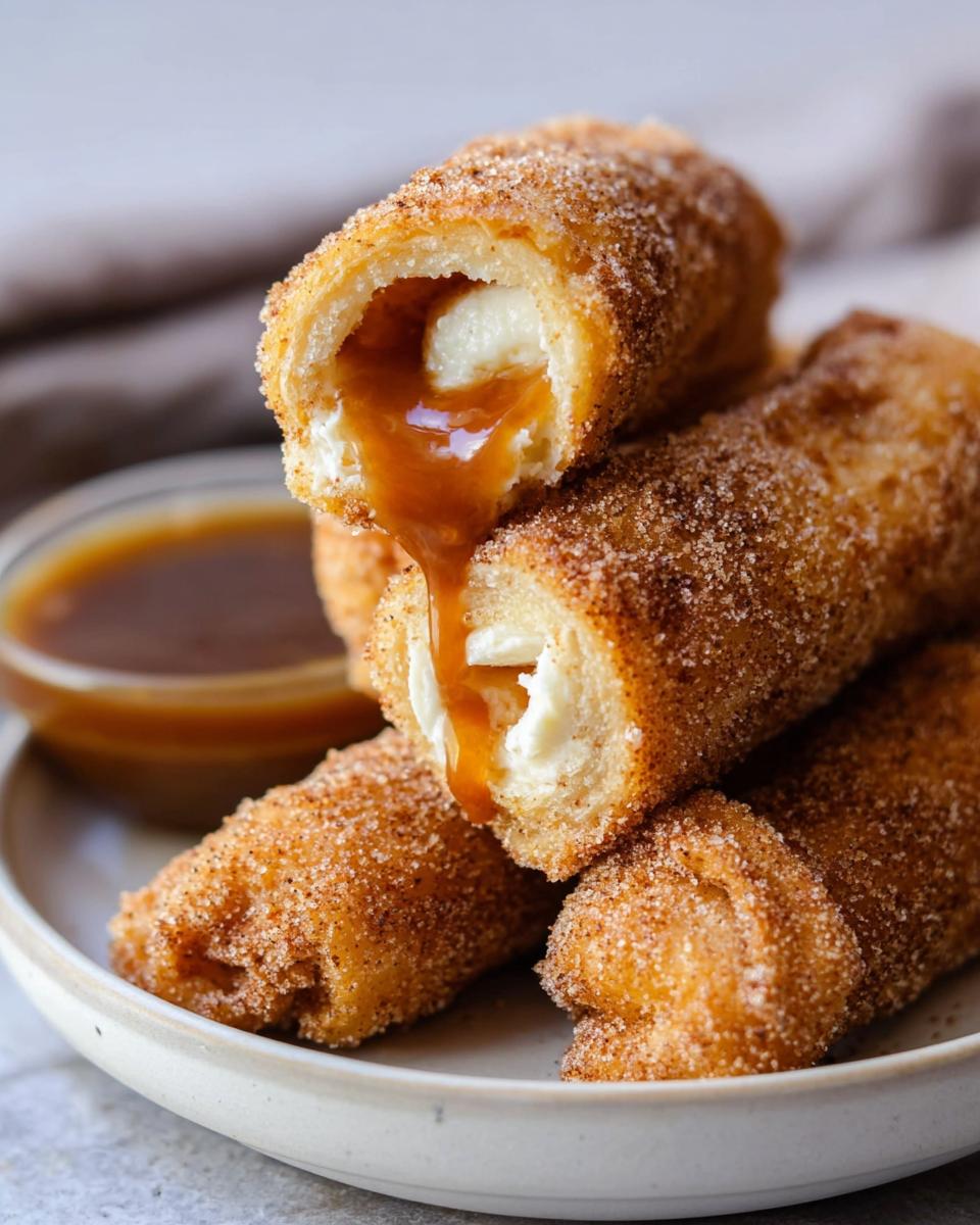 Close-up of Cream Cheese Churro Rollups, one cut open showing creamy filling and caramel sauce dripping.