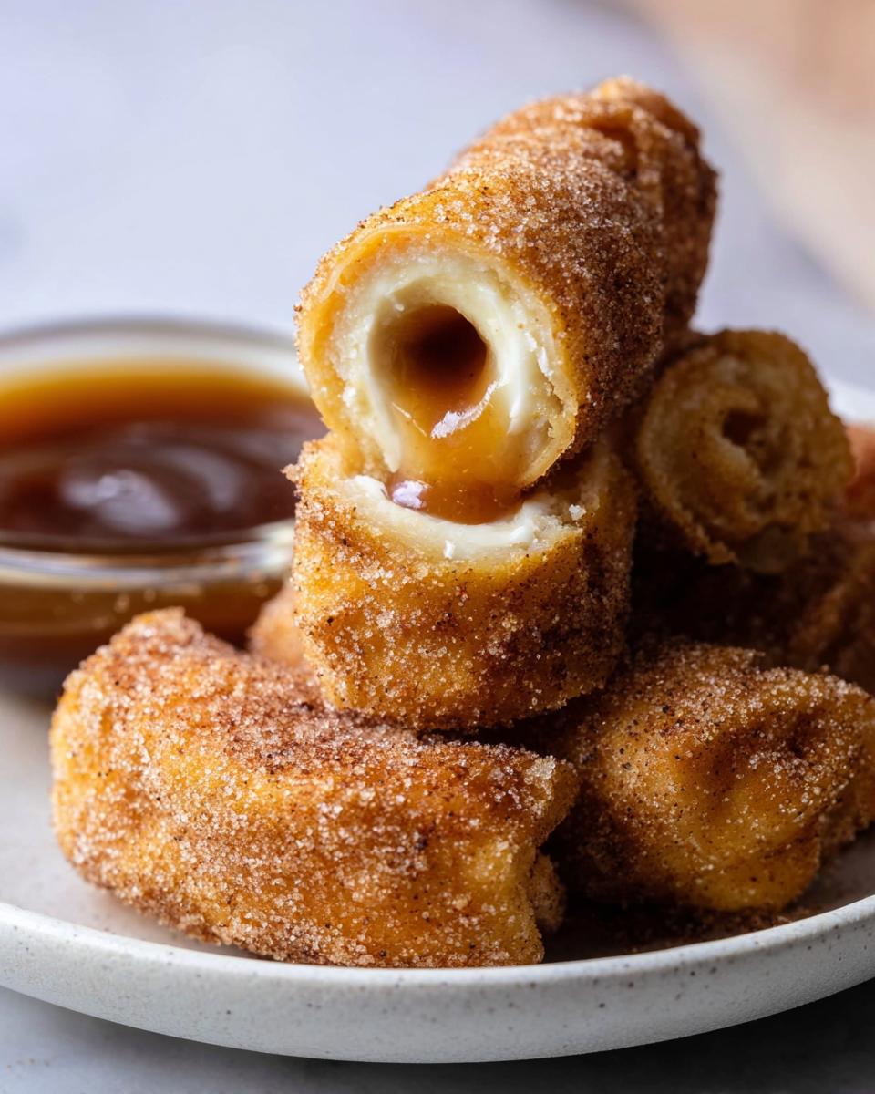 Close-up of Cream Cheese Churro Rollups, showing a gooey cream cheese and caramel filling spilling out of a cinnamon-sugar coated churro.