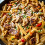 Close-up of a Creamy Cajun Chicken Pasta Skillet with penne pasta, seasoned chicken pieces, and colorful bell peppers.