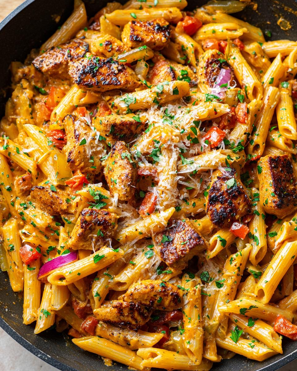 Close-up of a skillet filled with creamy Cajun chicken pasta, garnished with parsley and cheese.