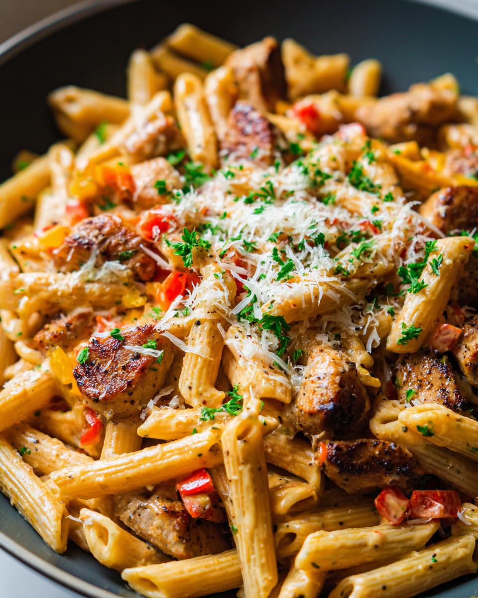 A close-up of Creamy Cajun Chicken Pasta Skillet, featuring penne pasta, seasoned chicken pieces, and red bell peppers, topped with Parmesan cheese and parsley.