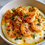 Close-up of Creamy Cajun Shrimp and Grits with Garlic Butter Sauce, topped with fresh parsley.