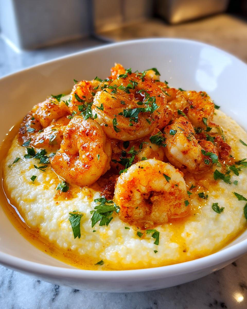 Creamy Cajun Shrimp & Grits: Pure Comfort 5 Close-up of Creamy Cajun Shrimp and Grits with Garlic Butter Sauce, topped with fresh parsley.