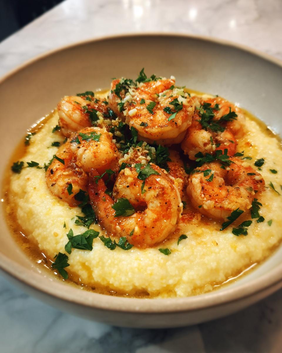 Creamy Cajun Shrimp & Grits: Pure Comfort 4 Close-up of Creamy Cajun Shrimp and Grits with Garlic Butter Sauce, topped with fresh parsley and garlic.