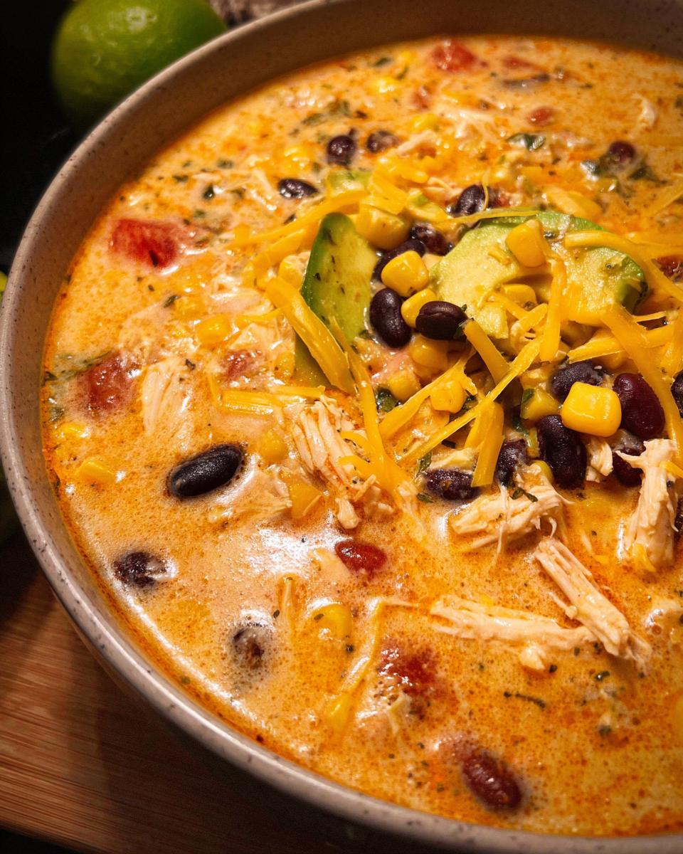 Delicious Creamy Chicken Enchilada Soup Recipe 4 A close-up of a bowl of Creamy Chicken Enchilada Soup, topped with shredded cheese, avocado, and black beans.