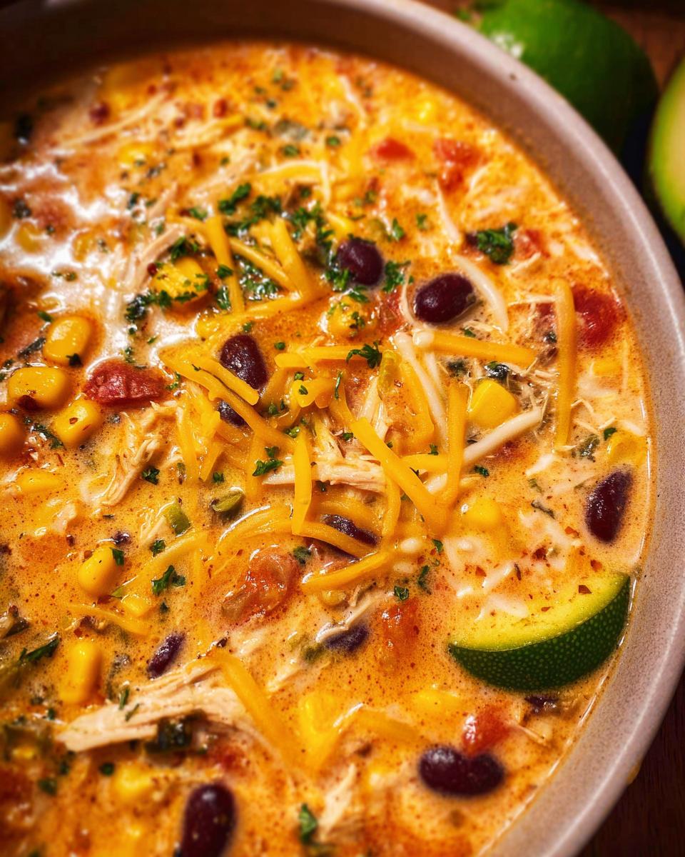 Delicious Creamy Chicken Enchilada Soup Recipe 5 A close-up bowl of creamy chicken enchilada soup, filled with shredded chicken, beans, corn, and topped with cheese and cilantro.