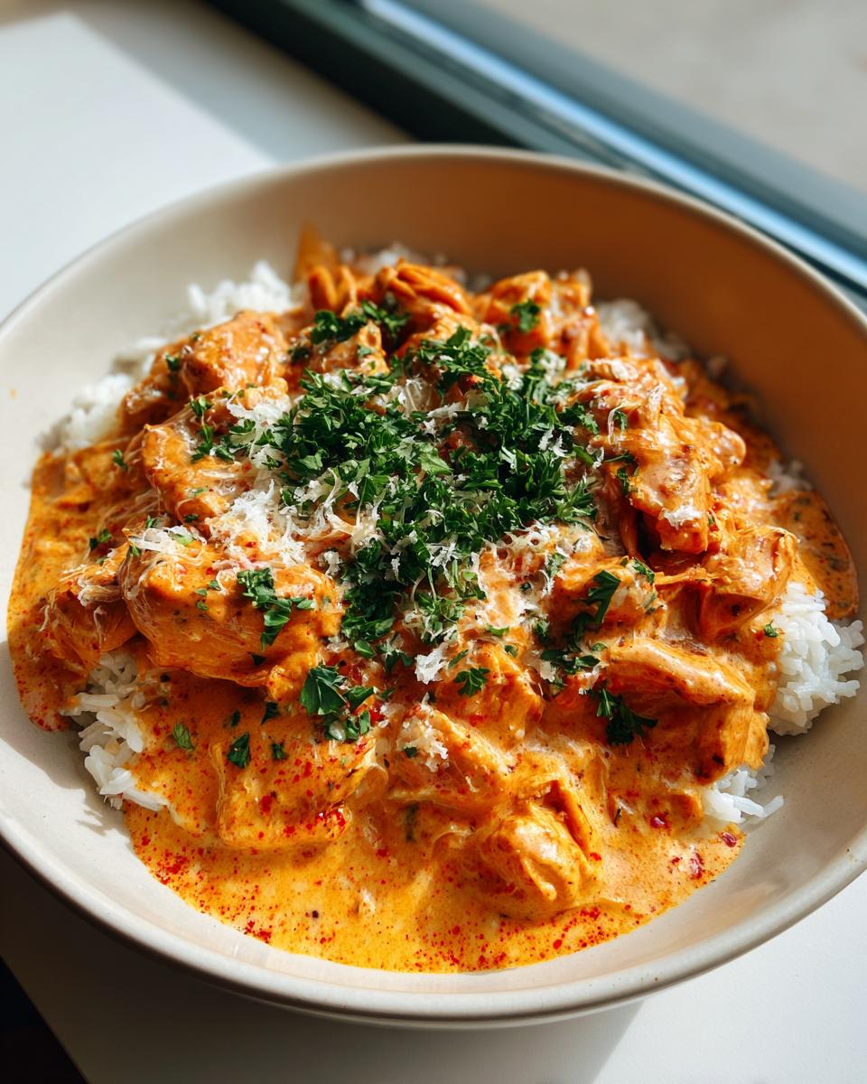A bowl of Creamy Crockpot Cajun Butter Chicken served over white rice, garnished with fresh parsley and grated cheese.