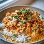 A bowl of fluffy white rice topped with shredded Creamy Crockpot Cajun Butter Chicken, garnished with parsley and red pepper flakes.