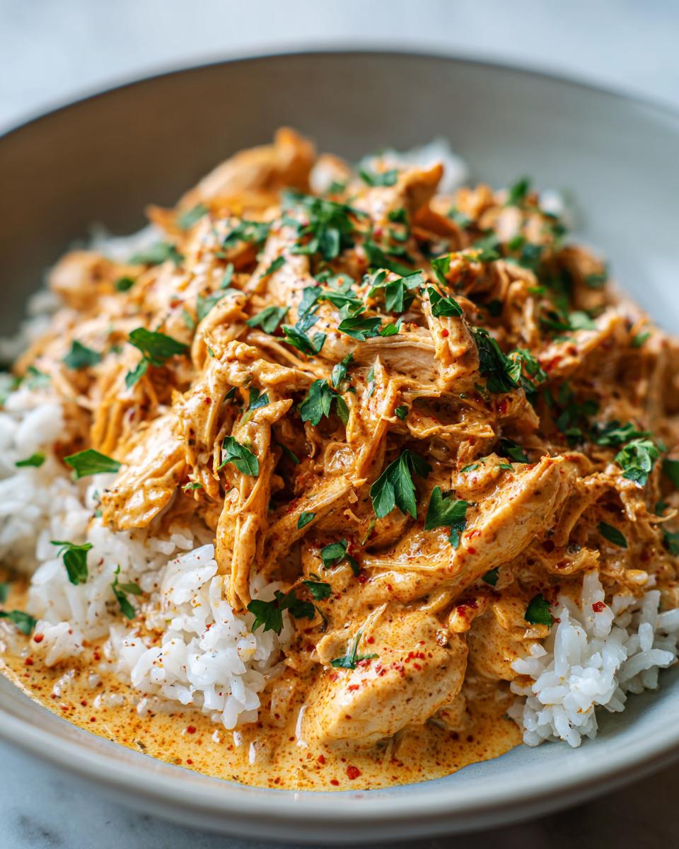 A bowl of fluffy white rice topped with shredded Creamy Crockpot Cajun Butter Chicken and garnished with fresh parsley.