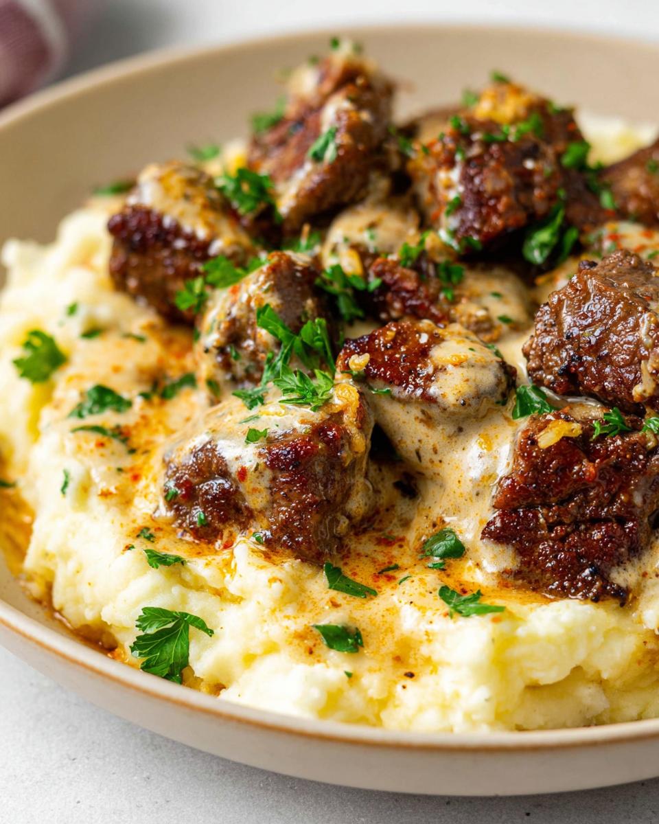 Close-up of Creamy Garlic Butter Steak Bites served over fluffy mashed potatoes, garnished with parsley.