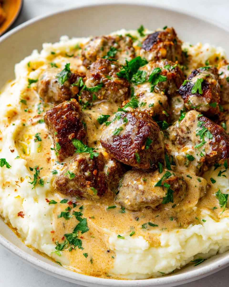 Close-up of Creamy Garlic Butter Steak Bites served over fluffy mashed potatoes, garnished with parsley.