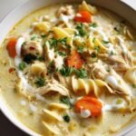 A close-up of a bowl of Creamy Garlic Chicken Noodle Soup, featuring shredded chicken, noodles, carrots, and a swirl of cream.